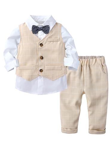 winying Baby Jungen Anzug Gentleman Outfit Langarm Fliege Hemd + Weste + Hose Kleinkinder Festlich Bekleidungsset Taufanzug Hochzeitanzug Festanzug Beige E 92-98 von winying