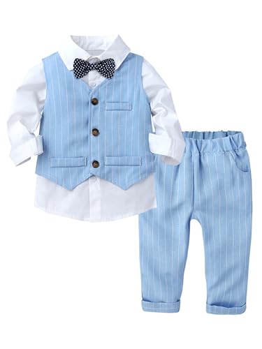 winying Baby Jungen Anzug Gentleman Outfit Langarm Fliege Hemd + Weste + Hose Kleinkinder Festlich Bekleidungsset Taufanzug Hochzeitanzug Festanzug Blau EE 74-80 von winying