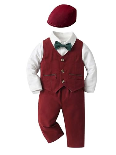 winying Baby Jungen Anzug Gentleman Outfit Langarm Fliege Hemd + Weste + Hose Kleinkinder Festlich Bekleidungsset Taufanzug Hochzeitanzug Festanzug Burgunder BJ 68-74 von winying