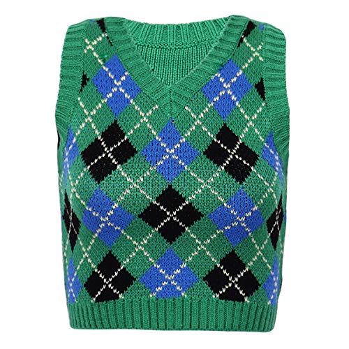 winying Damen Ärmellos Weste Strick Pullunder Strickweste mit Karo Muster Vest Winter Herbst Uniform Pullover Streetwear Grün M winying Damen Ärmellos Weste Strick Pullunder Strickweste mit Karo Muster Vest Winter Herbst Uniform Pullover Streetwear Grün M von winying