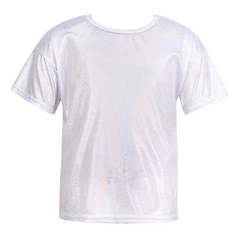 winying Jungen Mädchen Metallic T-Shirt Glänzend Top Oberteil Kurzarmshirt Blusentop Jazz Tanz Performance Tanzkleidung Silber 122-128 von winying