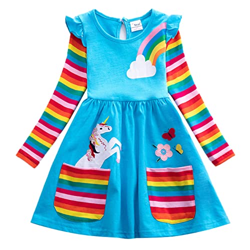 winying Kinder Baumwolle Freizeitkleid Rundhals Langarm T-Shirt Shirtkleid mit Pferd Aufdruck Geraffter Saum Rock Prinzessin Kleid Frühling Herbst Outfits Blau J 4-5 Jahre von winying