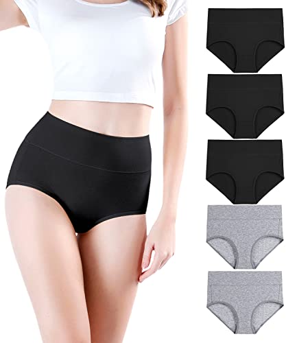 wirarpa Damen Unterhosen Baumwolle Slips Damen Hoher Taille Atmungsaktive Taillenslip Wochenbett Unterwäsche Mehrpack Größen 32-58, 3schwarz, 2grau-5er Pack, X-Small(32/34) von wirarpa