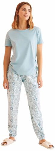 women'secret Damen Langer Schlafanzug, 100% Baumwolle, gerüscht, Blau Pyjamaset, Mittelblau, 38 von Women'secret