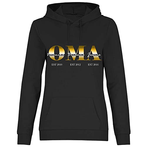 wowshirt Damen Hoodie Personalisiertes Geschenk für Oma Kinder Namen und Geburtsjahr, Größe:L, Farbe:Black von wowshirt