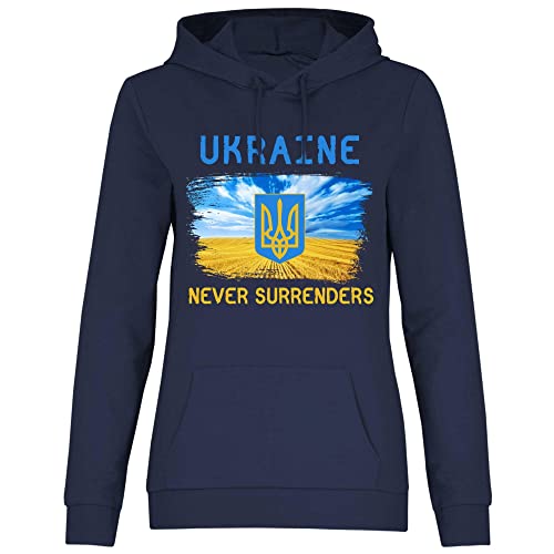 wowshirt Damen Hoodie Ukraine Never Surrenders Selenskyj Ukrainische Flagge Demo, Größe:S, Farbe:Deep Navy von wowshirt