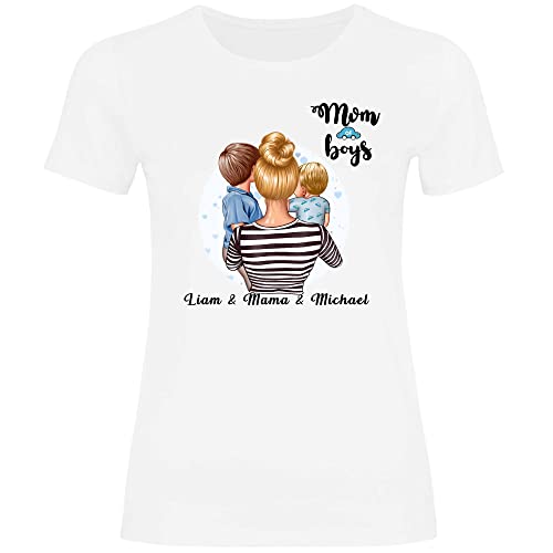 wowshirt Damen T-Shirt Geschenk Mama Personalisiert mit Namen Kinder Kind Sohn Tochter Geburtstag Muttertag Mom, Größe:L, Farbe:2 Söhne White von wowshirt