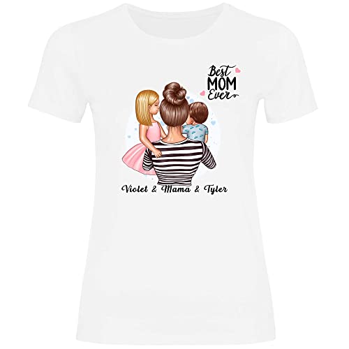 wowshirt Damen T-Shirt Geschenk Mama Personalisiert mit Namen Kinder Kind Sohn Tochter Geburtstag Muttertag Mom, Größe:M, Farbe:Tochter und Sohn White von wowshirt