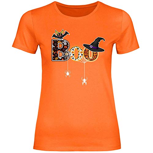 wowshirt Damen T-Shirt Halloween Boo Fledermaus Spinnennetz Hexe, Größe:L, Farbe:Orange von wowshirt