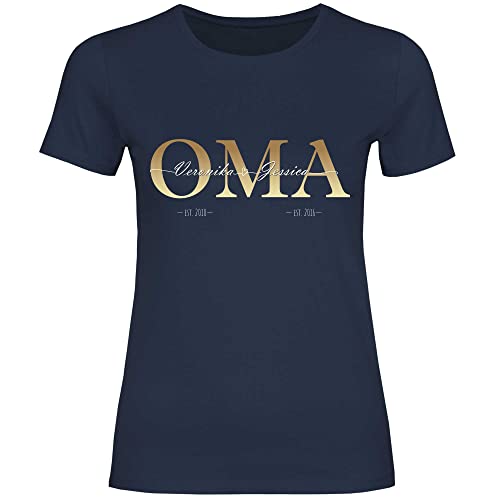 wowshirt Damen T-Shirt Personalisiertes Geschenk für Oma Kinder Namen und Geburtsjahr Muttertag, Größe:XXL, Farbe:Navy von wowshirt