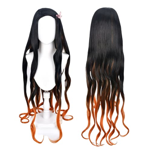 wxypreey Anime Kamado Nezuko Cosplay Perücken Lange Lockige Farbverlauf Schwarz Orange Kunsthaar Party Kostüm Perücke + Perücke Kappe von wxypreey