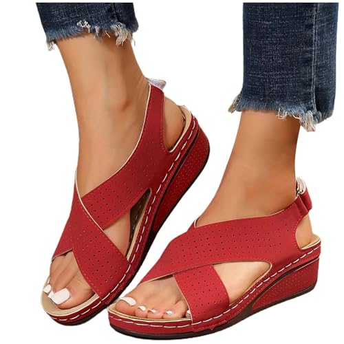 xiongwei A Schuhe Damen Lässige seitliche Hohlgürtelschnalle mit flachem Boden, römische Schuhe, Sommersandalen für Damen, modische Damensandalen 11 Damen Schuhe (Red, 39) von xiongwei