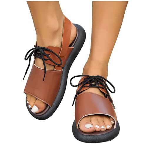 xiongwei Damen Schuhe 40 Lässige Flache römische Schuhe mit Schnürung für Damen, Sommermode, Damen-Sandalen Mountainbike Schuhe Damen Ohne klick (Brown, 40) von xiongwei