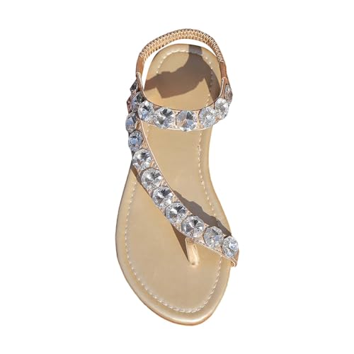 xiongwei Damenschuhe Mokassin Flache Damensandalen, lässige Glitzer-Strass-Sandalen, offener Zehenbereich, Slip-Absatz-Sandalen Damen Schuhe Türkis (Gold, 37) von xiongwei