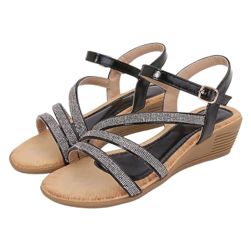 xiongwei Damenschuhe Sandalen Damen-Römersandalen mit Strasssteinen, Sommer-Ethno-Stil, offener Zehenbereich, dicker Boden, Slope-Absatz, Damenschuhe Damen Sandalen Plateausohle (Black, 39) von xiongwei