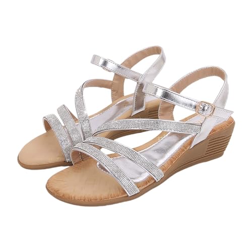 xiongwei Damenschuhe Sandalen Damen-Römersandalen mit Strasssteinen, Sommer-Ethno-Stil, offener Zehenbereich, dicker Boden, Slope-Absatz, Damenschuhe Damen Sandalen Plateausohle (Silver, 37) von xiongwei