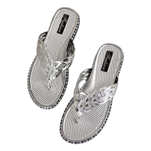 xiongwei Damenschuhe Weite H Größe 40 Damen-Strandsandalen, hohl, lässige Hausschuhe, flache Clip-Toe-Schuhe, Vintage-Sandalen Sandalen Damen Keilabsatz Silber (Silver, 37) von xiongwei