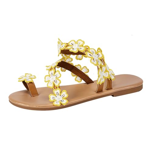 xiongwei Grogs Schuhe Damen Damen-Sandalen in Übergröße, modische Sonnenblumen-Hausschuhe, Sandalen Keilabsatz Schuhe Schwarz Damen (Yellow, 36) von xiongwei