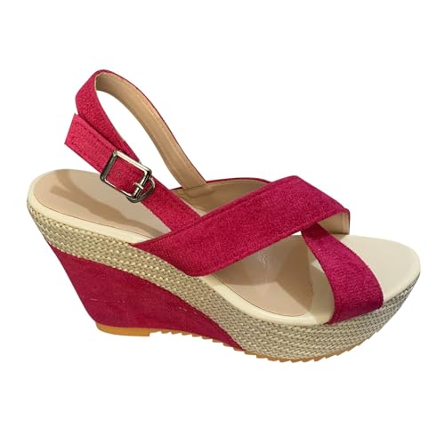 xiongwei Hohe Schuhe Damen Schwarz Mit Absatz Und Schnürsenkel Damen Frühling/Sommer-Kuchen-Strandsandalen mit dicker Unterseite und Slope-Denim-Schnalle Elegante Schuhe Damen Mit (Hot Pink, 39) von xiongwei