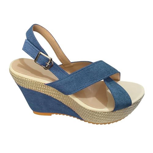 xiongwei Hohe Schuhe Damen Schwarz Mit Absatz Und Schnürsenkel Damen Frühling/Sommer-Kuchen-Strandsandalen mit dicker Unterseite und Slope-Denim-Schnalle Elegante Schuhe Damen Mit Absatz (Blue, 42) von xiongwei