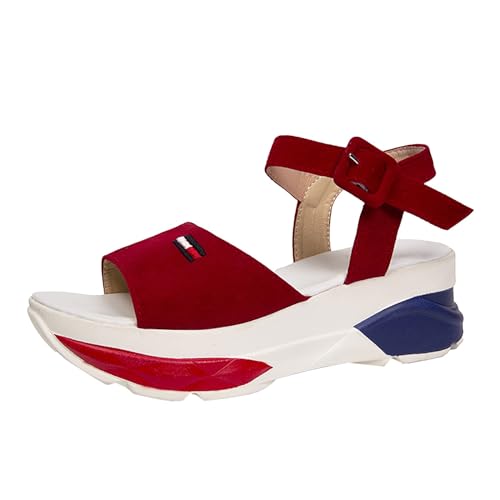 xiongwei Schuhe Damen Sommer Elegant Damen-Sandalen für Frühling/Sommer, lässig, Schnalle, mittlerer Absatz, offener Zehenbereich, dicke Sohle Damen Winter Schuhe 39 (Red, 35) von xiongwei