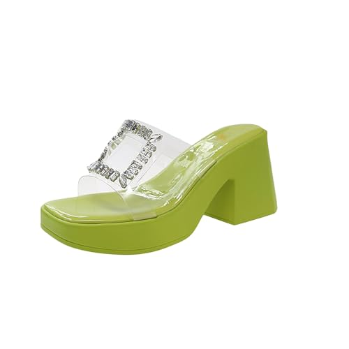 xiongwei Schuhe Silber Damen Damen Frühjahr/Sommer Water Diamond Transparent Straight Line Square Head Plateau Hausschuhe Sandalen Vintage Schuhe Damen Sommer (Green, 42) von xiongwei