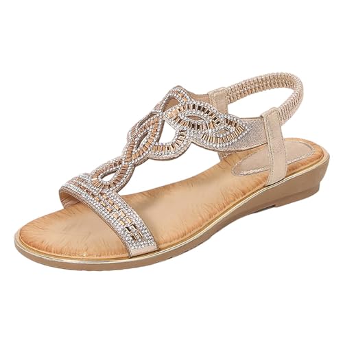 xiongwei Sommer Schuhe Für Damen Sandalen Damen-Römersandalen mit Strasssteinen, Sommer-Ethno-Stil, offener Zehenbereich, dicker Boden, Slope-Absatz, Damenschuhe Hallux Schuhe Für Damen (Gold, 39) von xiongwei