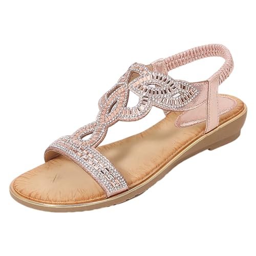 xiongwei Sommer Schuhe Für Damen Sandalen Damen-Römersandalen mit Strasssteinen, Sommer-Ethno-Stil, offener Zehenbereich, dicker Boden, Slope-Absatz, Damenschuhe Hallux Schuhe Für Damen (Pink, 37) von xiongwei