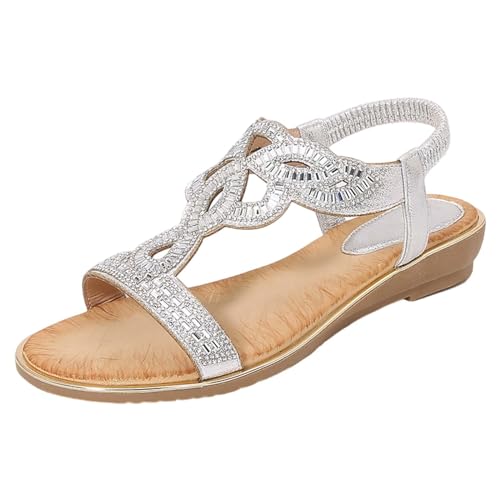 xiongwei Sommer Schuhe Für Damen Sandalen Damen-Römersandalen mit Strasssteinen, Sommer-Ethno-Stil, offener Zehenbereich, dicker Boden, Slope-Absatz, Damenschuhe Hallux Schuhe Für Damen (Silver, 38) von xiongwei