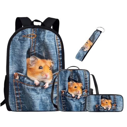 xixirimido 4-teiliges Schultaschen-Set für Kinder, Lunch-Tasche, Federmäppchen, Schlüsselanhänger, Hamster, Einheitsgröße, Lässiger Tagesrucksack von xixirimido