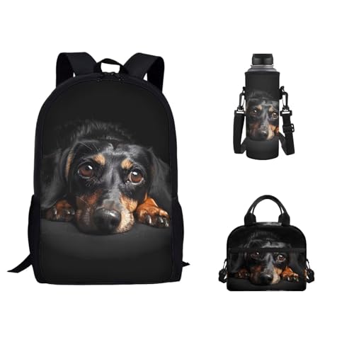 xixirimido Schulrucksack-Set für Kinder, Lunch-Tasche, Flaschenhalter, Tasche, 3 Stück, Mops, Schwarz, Einheitsgröße, Lässiger Tagesrucksack von xixirimido