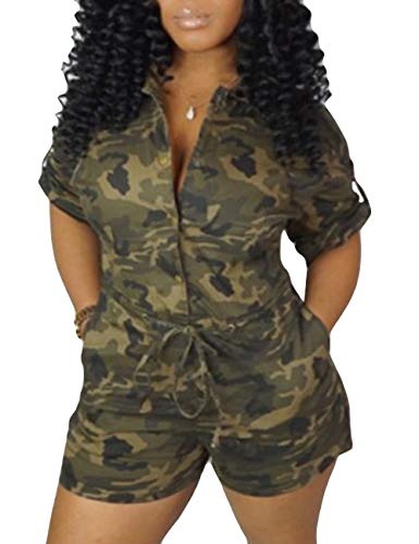 XXXITICAT Damen Kurzarm Military Playsuits Hohe Taille Camo Button Down Strampler Camouflage Einteiler Overall - Grün - Mittel von xxxiticat