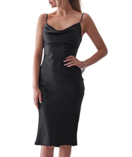 xxxiticat Damen Ärmellos Spaghetti Strap Satin Gabeln Kleid Cocktail Strand Abend Party Cowl Neck Midi Kleider(BL,M) von xxxiticat