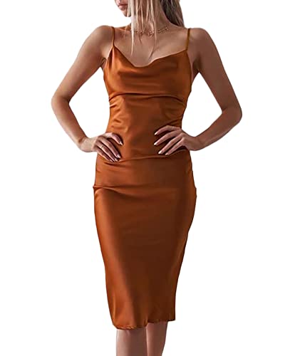 xxxiticat Damen Ärmellos Spaghetti Strap Satin Gabeln Kleid Cocktail Strand Abend Party Cowl Neck Midi Kleider(RU,S) von xxxiticat