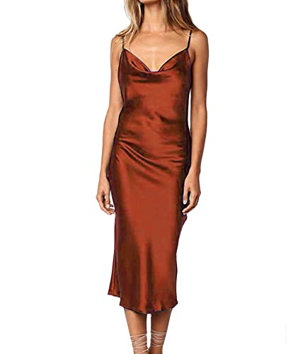 xxxiticat Damen Ärmelloses Satin Kleid Sexy Spaghetti Strap Backless Cocktail Ball Party Midi Kleid(BR,XL) von xxxiticat