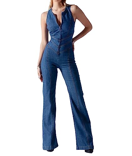 xxxiticat Damen Denim Jumpsuit Front Zip Up Deep V Neck Sexy ärmellose Bell Bottom Pants Strampler(BE,L) von xxxiticat