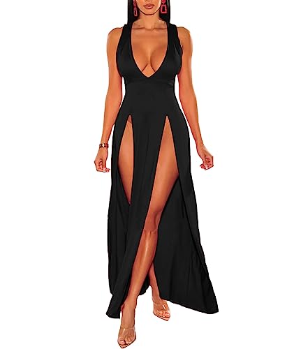 xxxiticat Damen Doppelschlitz Maxi Tank Kleid Ärmellos Tiefer V-Ausschnitt Low Cut High Split Cover Up Langes Bodycon Wickelkleid, Schwarz, Mittel von xxxiticat