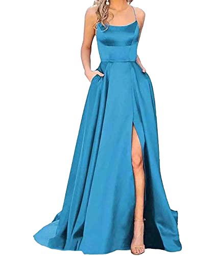 xxxiticat Damen Elegant Lange Ballkleider mit Taschen Satin A-Linie Backless Hochzeitskleid Abendkleider Sexy Neckholder Spaghetti Brautkleid Kleider Lang Prinzessin Brautjungfer Kleid (BE-L) von xxxiticat