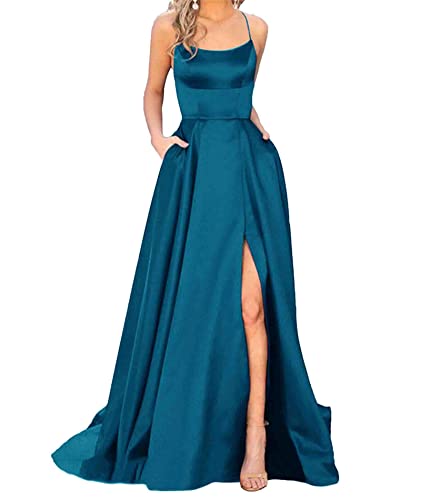 xxxiticat Damen Elegant Lange Ballkleider mit Taschen Satin A-Linie Backless Hochzeitskleid Abendkleider Sexy Neckholder Spaghetti Brautkleid Kleider Lang Prinzessin Brautjungfer Kleid (PB-2XL) von xxxiticat