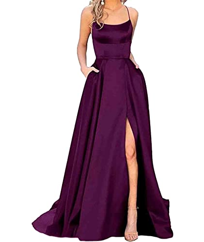 xxxiticat Damen Elegant Lange Ballkleider mit Taschen Satin A-Linie Backless Hochzeitskleid Abendkleider Sexy Neckholder Spaghetti Brautkleid Kleider Lang Prinzessin Brautjungfer Kleid (PE-XS) von xxxiticat