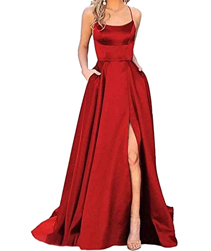 xxxiticat Damen Elegant Lange Ballkleider mit Taschen Satin A-Linie Backless Hochzeitskleid Abendkleider Sexy Neckholder Spaghetti Brautkleid Kleider Lang Prinzessin Brautjungfer Kleid (RE-2XL) von xxxiticat