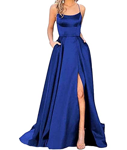 xxxiticat Damen Elegant Lange Ballkleider mit Taschen Satin A-Linie Backless Hochzeitskleid Abendkleider Sexy Neckholder Spaghetti Brautkleid Kleider Lang Prinzessin Brautjungfer Kleid (SB-L) von xxxiticat