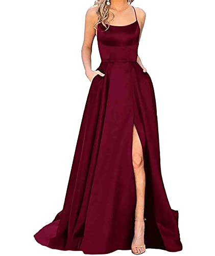 xxxiticat Damen Elegant Lange Ballkleider mit Taschen Satin A-Linie Backless Hochzeitskleid Abendkleider Sexy Neckholder Spaghetti Brautkleid Kleider Lang Prinzessin Brautjungfer Kleid (WR-L) von xxxiticat