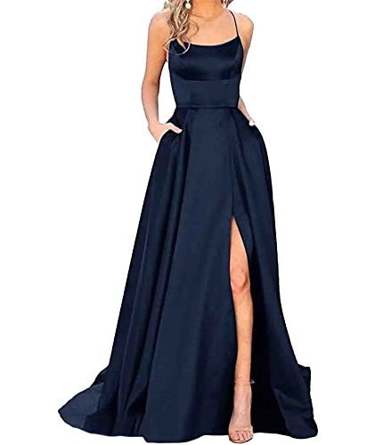 xxxiticat Damen Elegant Lange Ballkleider mit Taschen Satin A-Linie Backless Hochzeitskleid Abendkleider Sexy Neckholder Spaghetti Brautkleid Kleider Lang Prinzessin Brautjungfer Kleid (ZQ-XL) von xxxiticat