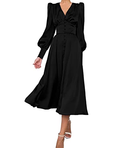 xxxiticat Damen Puffärmel Satin Maxikleid Lange Laterne Ärmel Button Down Rüschen Einreihige Vintage Midi Kleider, schwarz, Mittel von xxxiticat