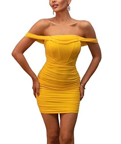 xxxiticat Damen Schulterfreies gerüschtes Mesh-Kleid Ärmelloses Mesh-Kleid Sheer Club Party Shapewear Bodycon Korsett Minikleider, gelb, Klein von xxxiticat