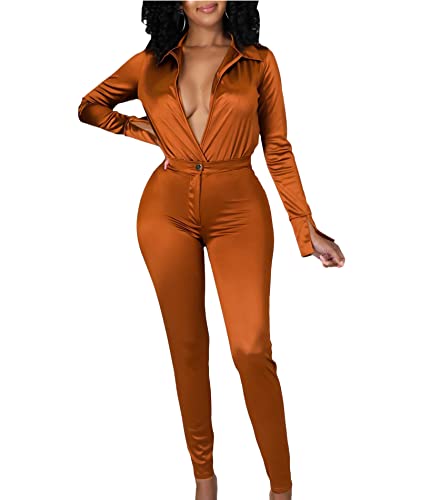 xxxiticat Damen Seide Satin Business Anzug Büro Dame Zweiteilig Langarm Body Hohe Taille Bodycon Hosen Passende Sets, Rost, XX-Large von xxxiticat