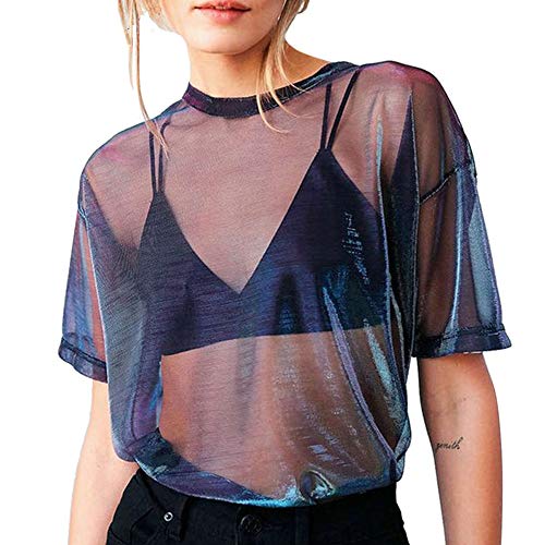 xxxiticat Damen Sexy Holographisch Durchsichtig Mesh Tops Kurzarm Transparent Sheer Metallic Glänzend T-Shirts, Violett, Groß von xxxiticat