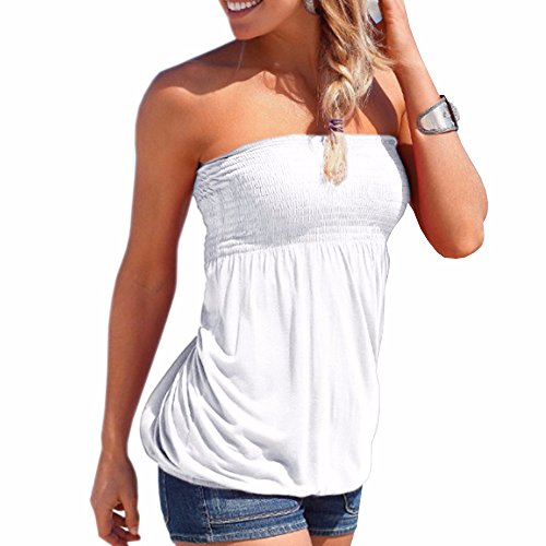 xxxiticat Damen Sommer Tube Tops Einfarbig Ärmellos Trägerlos Rueckenfrei Tank Top Blumendruck Tunika Weste Hemd Bluse mit Plissee(WH,S) von xxxiticat