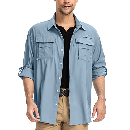 yeyity Outdoor Hemd Herren Langarm Safari Hemd UPF50 UV Schutz Funktionshemd Atmungsaktiv Button Down Hemd Freizeithemd für Wandern Angeln Trekking(5052,Blue01,3XL) von yeyity